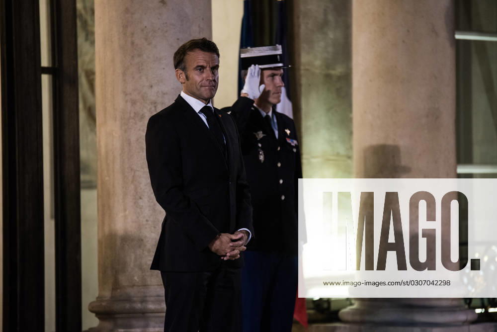 FRANCE TOP LEVEL SUMMIT IN PARIS French President Emmanuel Macron receives Finnish Prime Minister Petteri Orpo at the Elysee Palace. Paris, October 4, 2023. PARIS ILE-DE-FRANCE FRANCE