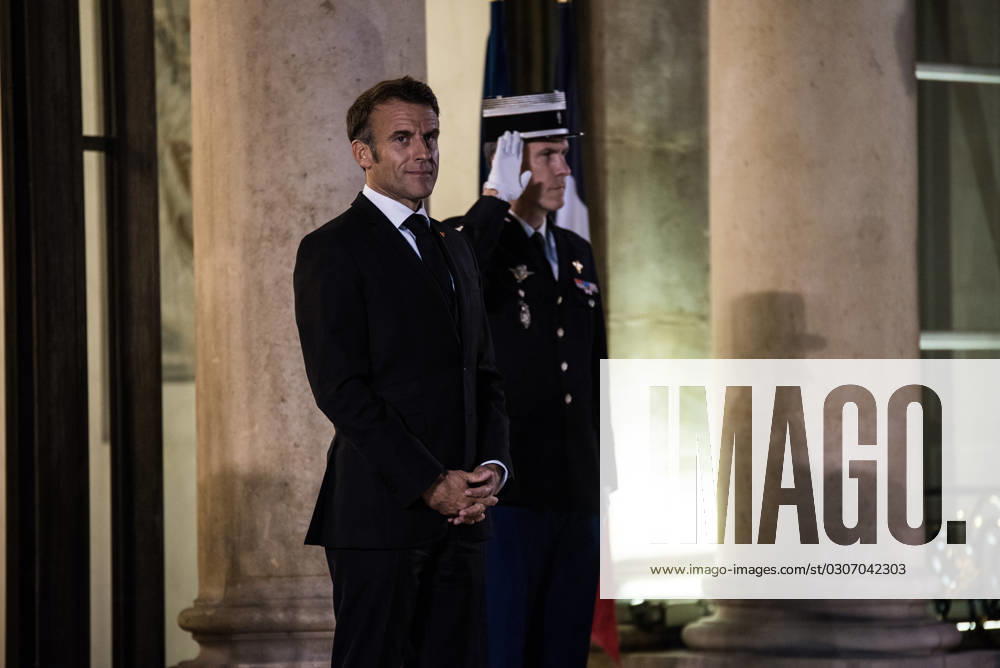 FRANCE TOP LEVEL SUMMIT IN PARIS French President Emmanuel Macron receives Finnish Prime Minister Petteri Orpo at the Elysee Palace. Paris, October 4, 2023. PARIS ILE-DE-FRANCE FRANCE