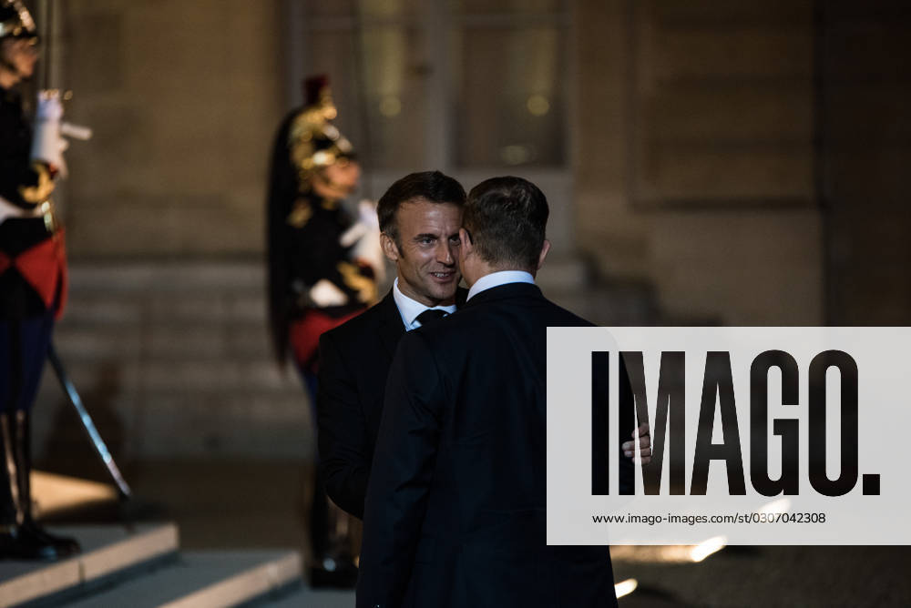 FRANCE TOP LEVEL SUMMIT IN PARIS French President Emmanuel Macron receives Finnish Prime Minister Petteri Orpo at the Elysee Palace. Paris, October 4, 2023. PARIS ILE-DE-FRANCE FRANCE
