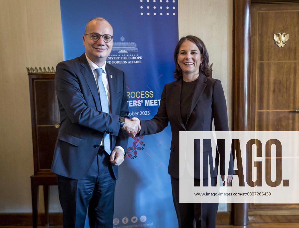Annalena Baerbock Buendnis 90 Die Gruenen , German Foreign Minister, participates in the meeting of Foreign Ministers of the Berlin Process on the Western Balkans in Tirana, Albania Here with the Foreign Minister of Albania, Igli Hasani Tirana Albania