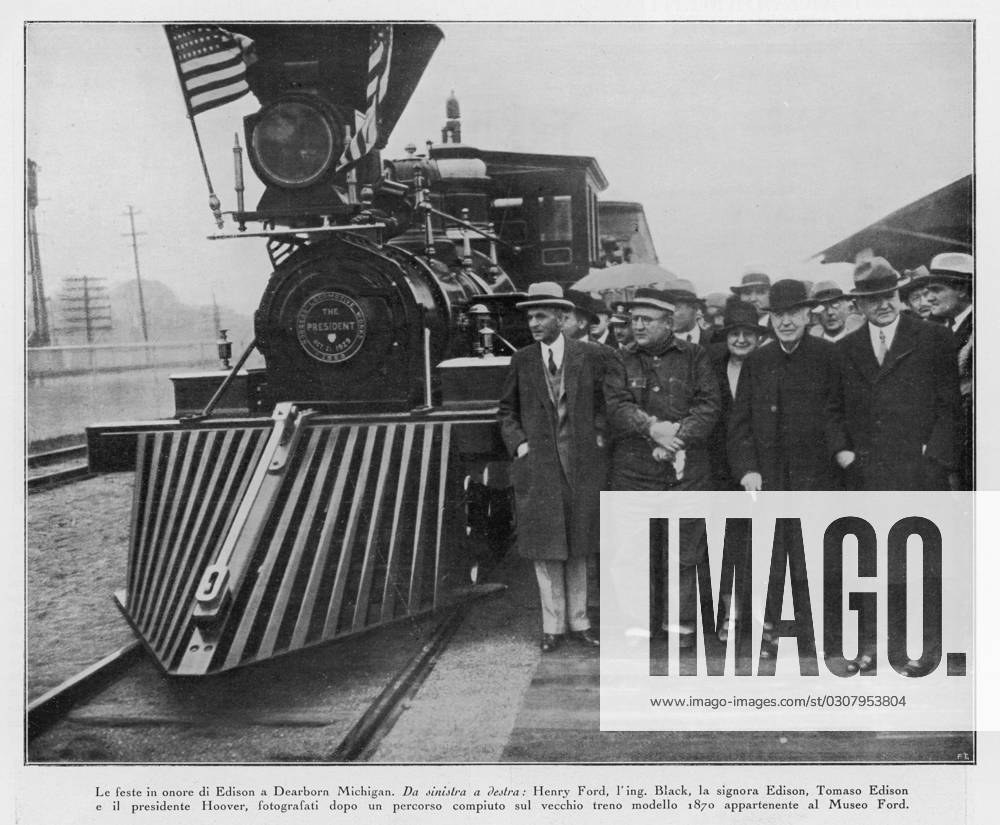 THOMAS EDISON THOMAS ALVA EDISON (1847 - 1931), American inventor in 1929 at Dearborn, Michigan with Henry Ford, Mr Black (engineer), Mrs Edison and President Hoover. Date: 1929