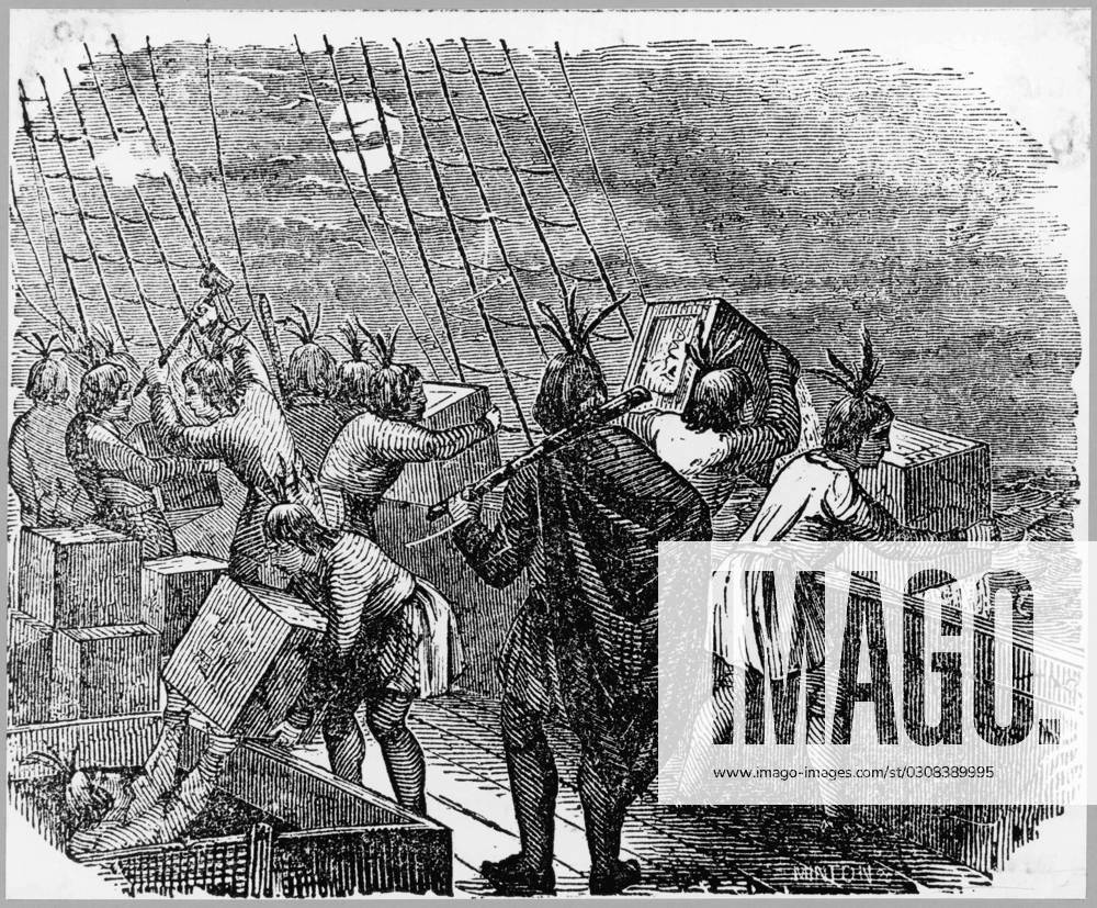 BOSTON TEA PARTY Boston citizens, dressed as Indians, board English ships and throw tea chests into the harbour in protest against taxation Date: 16 December 1773