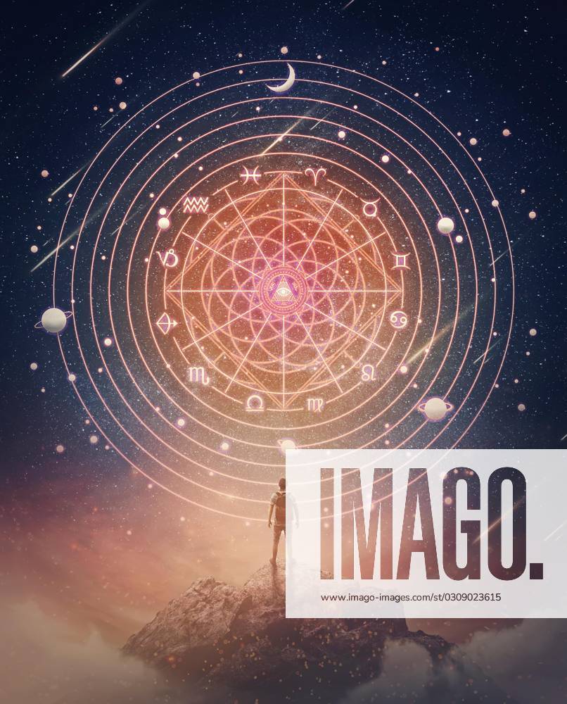 Wonderful Scene with a Person at the Summit one Berges, the the Astrological Wheel projection at the nocturnal Starry sky monitored Zodiac sign, magic Horoscope Symbols