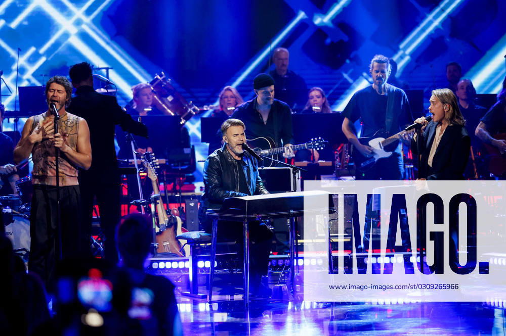 Howard Donald, Gary Barlow and Mark Owen of Take That at the recording of the ARD TV show Your Songs in Studio 3 of Media City Leipzig, 18 10 2023 Foto:xM.xKremerx xFuturexImagex your_song_3087