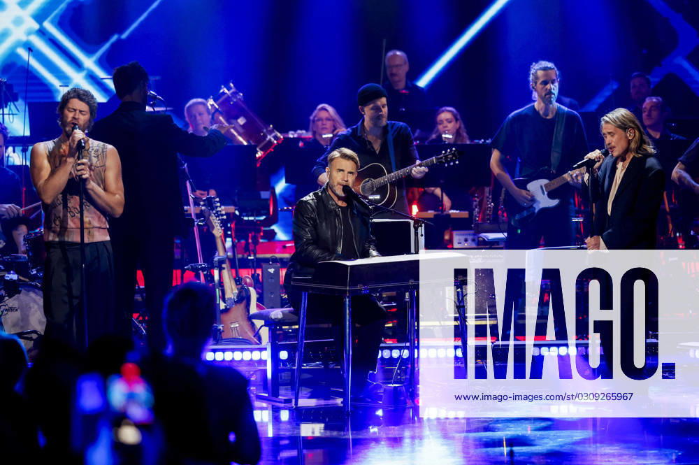 Howard Donald, Gary Barlow and Mark Owen of Take That at the recording of the ARD TV show Your Songs in Studio 3 of Media City Leipzig, 18 10 2023 Foto:xM.xKremerx xFuturexImagex your_song_3089