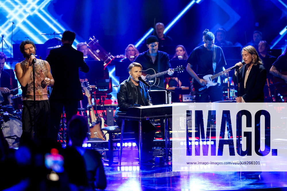 Howard Donald, Gary Barlow and Mark Owen of Take That at the recording of the ARD TV show Your Songs in Studio 3 of Media City Leipzig, 18 10 2023 Foto:xM.xKremerx xFuturexImagex your_song_3088