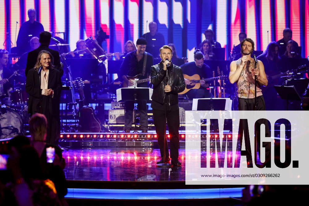 Howard Donald, Gary Barlow and Mark Owen of Take That at the recording of the ARD TV show Your Songs in Studio 3 of Media City Leipzig, 18 10 2023 Foto:xM.xKremerx xFuturexImagex your_song_3168