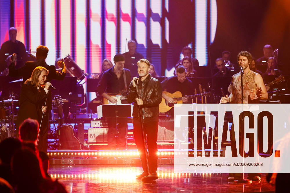 Howard Donald, Gary Barlow and Mark Owen of Take That at the recording of the ARD TV show Your Songs in Studio 3 of Media City Leipzig, 18 10 2023 Foto:xM.xKremerx xFuturexImagex your_song_3169