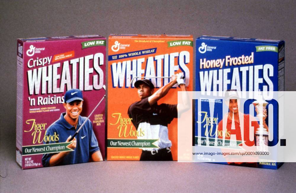 Eldrick Tiger Woods (USA) auf drei verschiedenen Packungen General Mills Wheaties (Cerealien) - (SLP98031801) Golf Herren Werbung 1998 Werbepartner Werbevertrag Werbeaktion Werbekampagne Kampagne Einzelbild o0 Werbeträger Werbefigur Orlando Golf Herren Werbung 1998 Werbepartner Werbevertrag Werbeaktion Werbekampagne Kampagne Einzelbild o0 Werbeträger Werbefigur Orlando