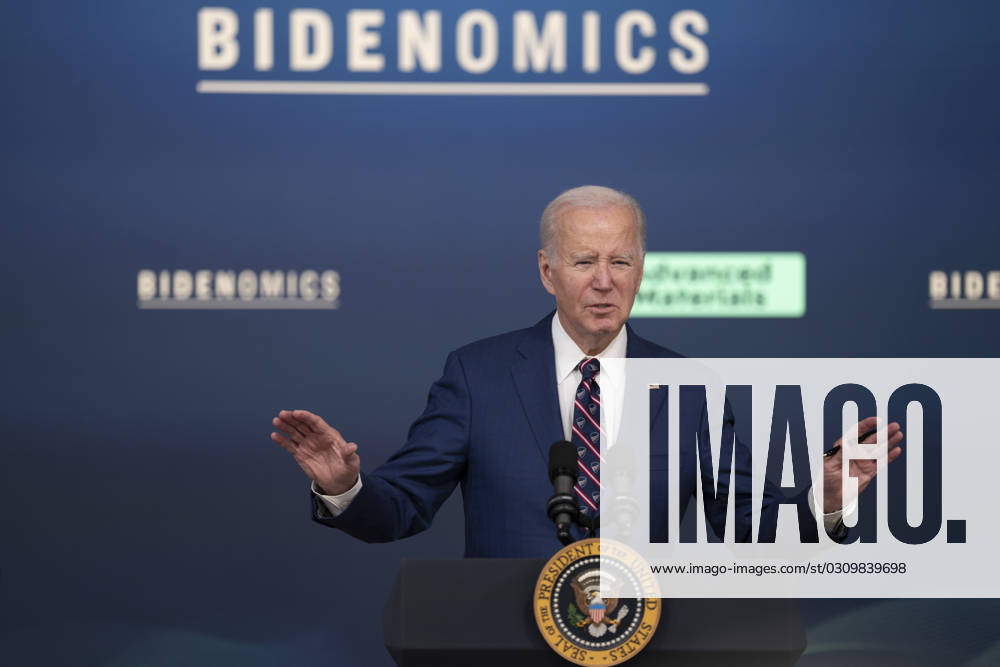 United States President Joe Biden makes remarks at an event highlighting how Bidenomics and his agenda are growing the economy in the South Court Auditorium in Washington, DC