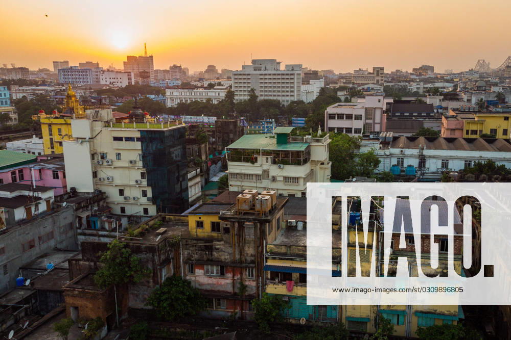 Daily life In Kolkata, India - 20 Oct 2023 (EDITORS NOTE: Image taken with drone) An aerial view of the skyline of Kolkata at sunset. Kolkata India