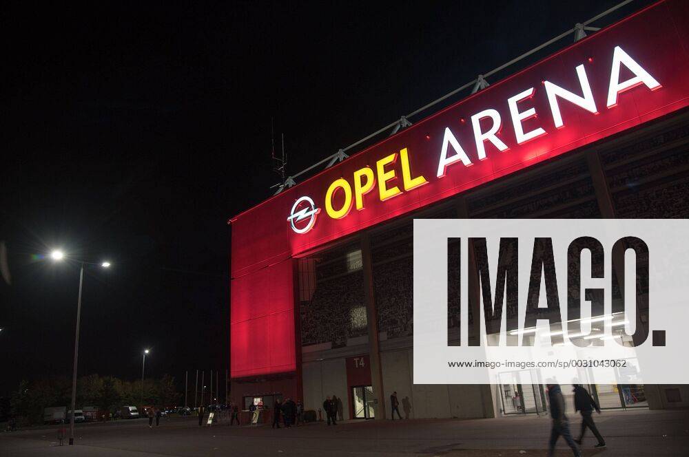 Football 1 Bundesliga FSV Mainz 05 Eintracht Frankfurt v l Exterior Exterior View Overview Opel Arena Stadium at night in the evening at night Logo Mainz