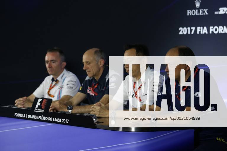 press conference PK Pressekonferenz (L-R) Paddy Lowe (GBR), Williams chief technical officer, Franz Tost, Scuderia Toro Rosso, Team Principal, Yusuke Hasegawa (JPN) Head of Honda F1 Programme and Frederic Vasseur (FRA) Sauber Team Principal Brazilian Grand Prix, Sao Paulo, Interlagos 9 - 12 November 2017 10.11.2017 - Press conference, (L-R) Paddy Lowe (GBR), Williams chief technical officer, Franz Tost, Scuderia Toro Rosso, Team Principal, Yusuke Hasegawa (JPN) Head of Honda F1 Programme and Frederic Vasseur (FRA) Sauber Team Principal