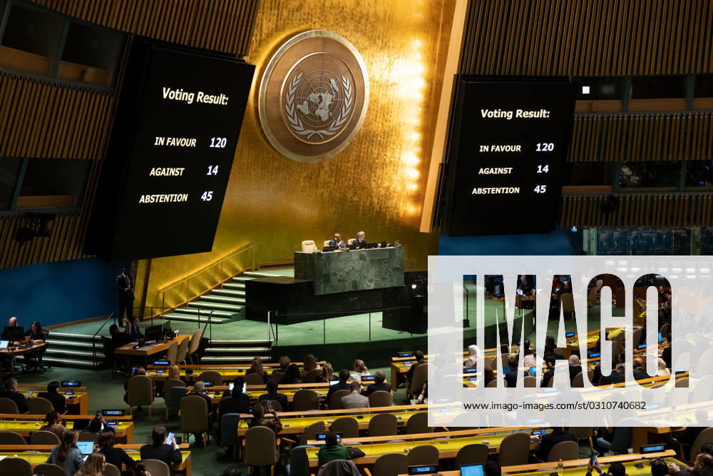 KW43 (231027) -- UNITED NATIONS, Oct. 27, 2023 -- Photo taken on Oct. 27, 2023 shows the voting result during the 10th Emergency Special Session of the UN General Assembly at the UN headquarters in New York. The General Assembly on Friday adopted a resolution that calls for a humanitarian truce in Gaza. ( Handout via Xinhua) UN-GENERAL ASSEMBLY-GAZA-HUMANITARIAN TRUCE-RESOLUTION EvanxSchneider UNxPhoto