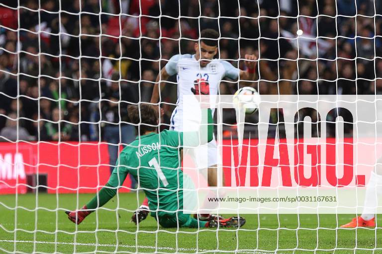 England v Brazil International Friendly L?nderspiel Dominic Solanke of England has a good chance to win it late on but is denied by Alisson of Brazil during the International Friendly match at Wembley Stadium, London Content Not Available For UK Newspapers