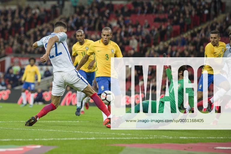 Dominic Solanke of England is denied by Alisson of Brazil during the International Friendly Länderspiel match between England and Brazil at Wembley Stadium, London, England on 14 November 2017.
