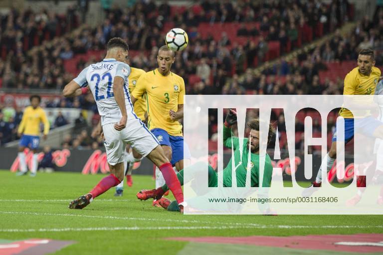 Dominic Solanke of England is denied by Alisson of Brazil during the International Friendly Länderspiel match between England and Brazil at Wembley Stadium, London, England on 14 November 2017.