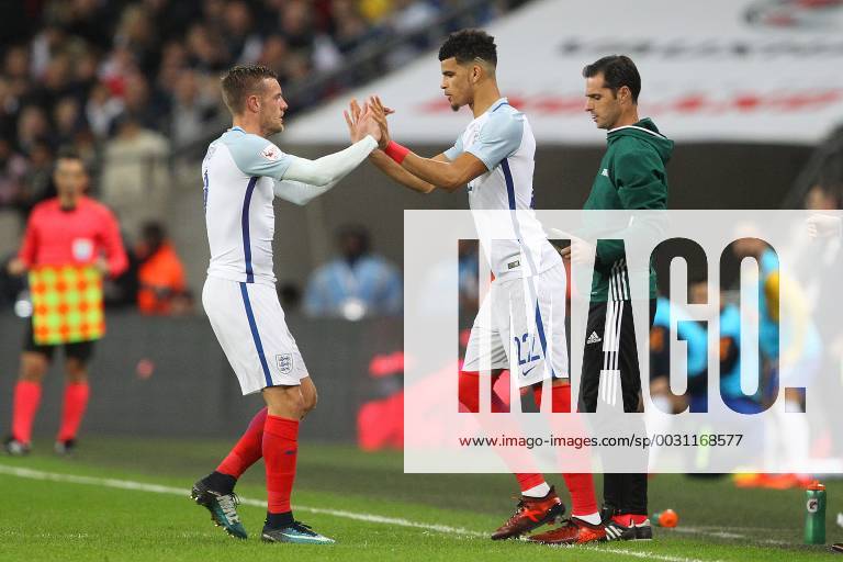 England v Brazil International Friendly L?nderspiel Jamie Vardy of England is replaced by debutant Dominic Solanke of England during the International Friendly match at Wembley Stadium, London Content Not Available For UK Newspapers