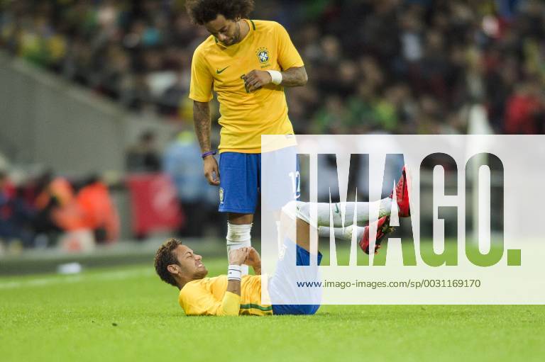 Neymar jr of Brazil lays on the turf after being challenged during the International Friendly Länderspiel match between England and Brazil at Wembley Stadium, London, England on 14 November 2017.