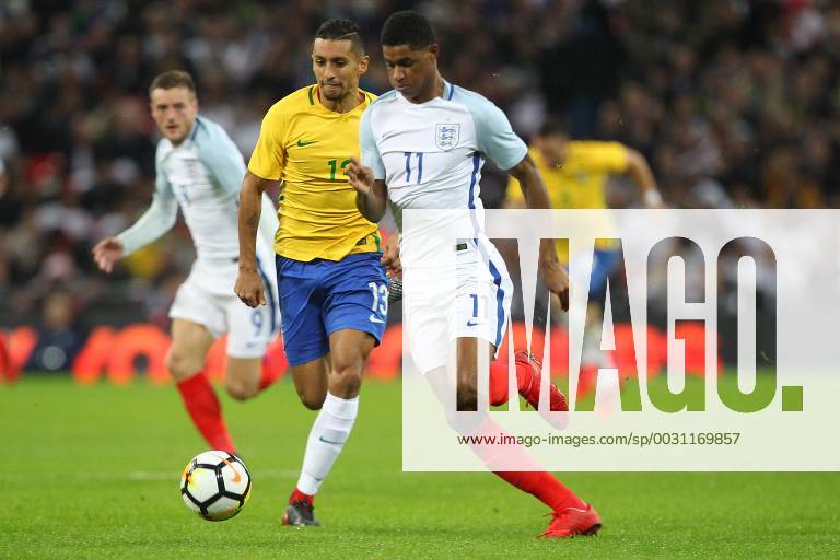 England v Brazil International Friendly L?nderspiel Marquinhos of Brazil and Marcus Rashford of England in action during the International Friendly match at Wembley Stadium, London Content Not Available For UK Newspapers
