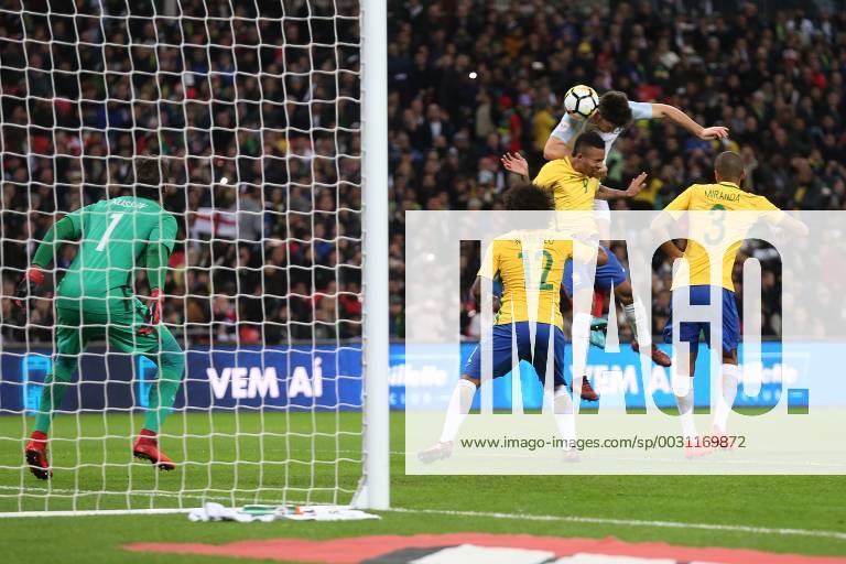 England v Brazil International Friendly L?nderspiel Harry Maguire of England heads for goal during the International Friendly match at Wembley Stadium, London Content Not Available For UK Newspapers