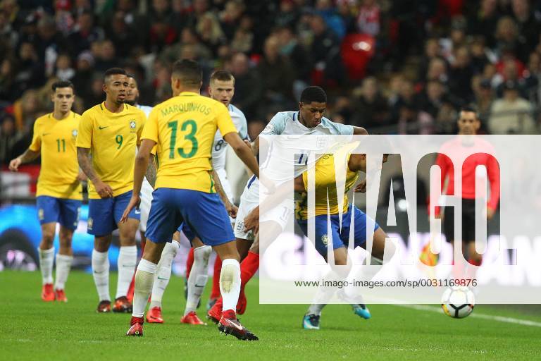 England v Brazil International Friendly L?nderspiel Marcus Rashford of England gets to grips with Casemiro of Brazil in action during the International Friendly match at Wembley Stadium, London Content Not Available For UK Newspapers