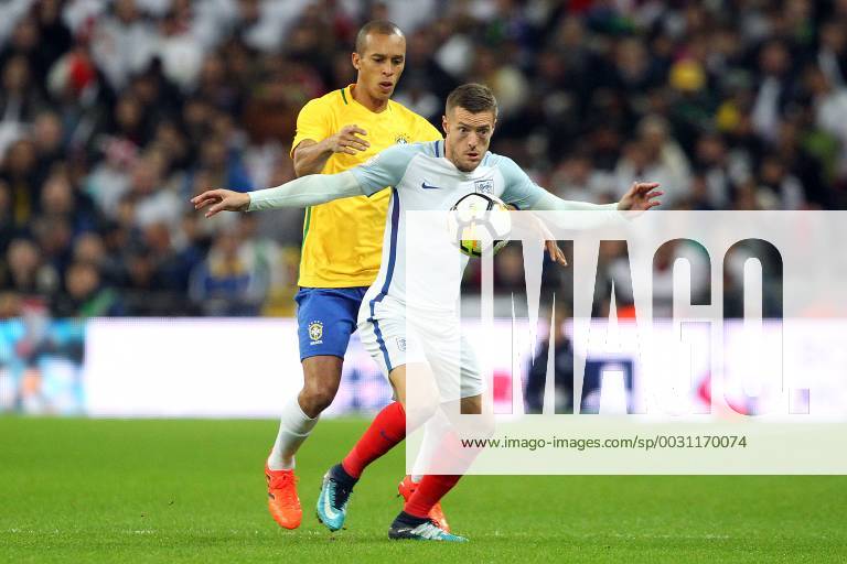 England v Brazil International Friendly L?nderspiel Miranda of Brazil and Jamie Vardy of England in action during the International Friendly match at Wembley Stadium, London Content Not Available For UK Newspapers