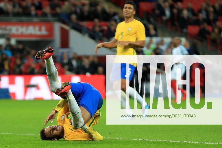 14th November 2017, Wembley Stadium, London, England; International football friendly, England versus Brazil; Neymar of Brazil miss times his shot and falls to the floor ActionPlus11951557