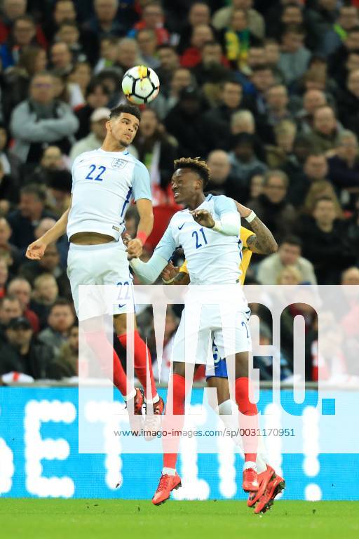 14th November 2017, Wembley Stadium, London, England; International football friendly, England versus Brazil; Dominic Solanke of England wins a header ActionPlus11951535