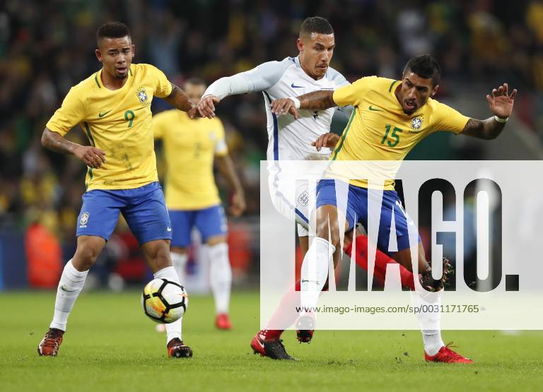 (171115) -- LONDON, Nov. 15, 2017 -- Jake Livermore (C) of England vies with Paulinho (R) and Gabriel Jesus of Brazil during a friendly match at Wembley Stadium in London, Britain on Nov. 14, 2017. The match ended with a 0-0 draw. ) (SP)BRITAIN-LONDON-SOCCER-FRIENDLY MATCH-ENG VS BRA HanxYan