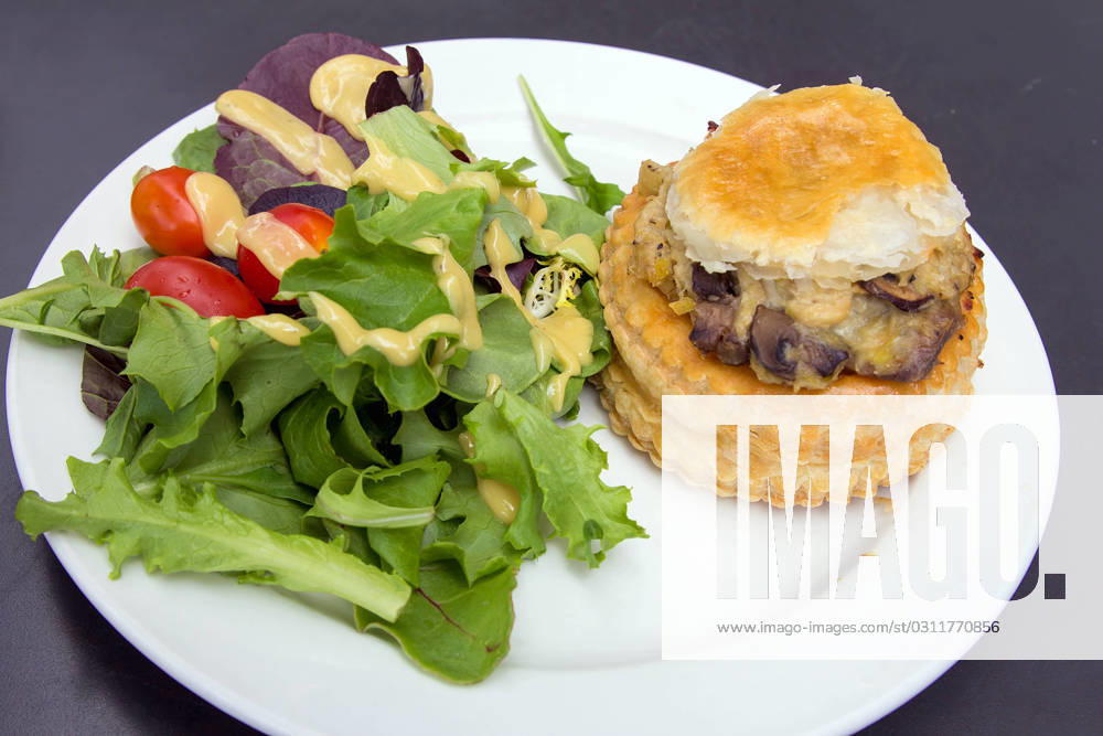 IMAGO Creative, Food, Pot Pie Chicken Pot Pie with Leafy Green Vegetables Tomatoes and Salad Dressing