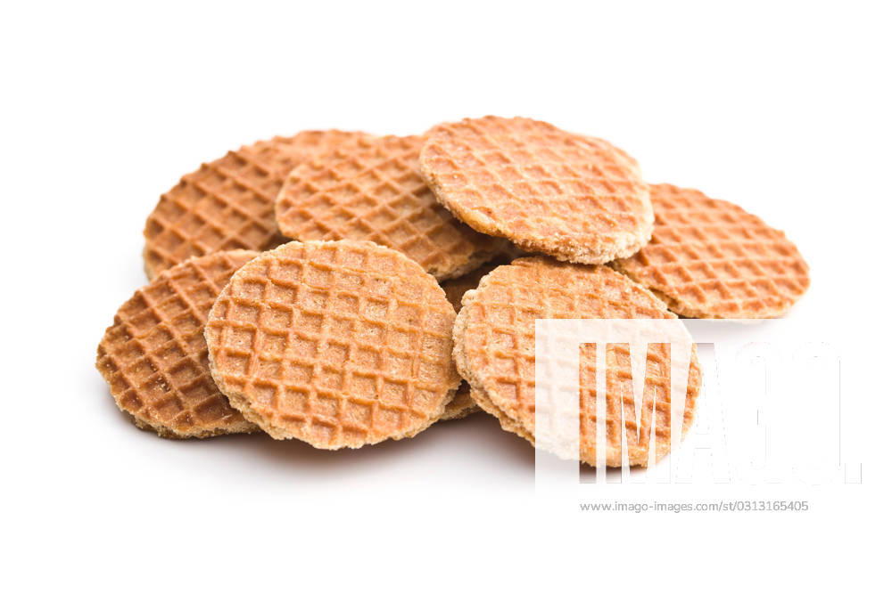 Sweet waffle biscuits. Sweet waffle biscuits isolated on white background. Dutch waffles with caramel.