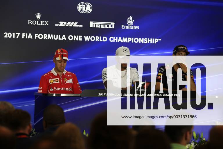 23rd November 2017, Yas Marina Circuit, Abu Dhabi, UAE; Abu Dhabi Formula One Grand Prix, driver arrivals and press conference PK Pressekonferenz Lewis Hamilton - Mercedes AMG Petronas, Daniel Ricciardo - Red Bull Racing and Sebastian Vettel - Scuderia Ferrari ActionPlus11955035