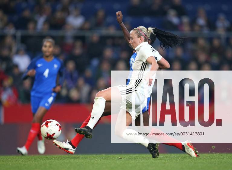 Football Women International Team Germany France in the SchücoArena Bielefeld v l Mandy Islacker Germany v Griedge Mbock Bathy France