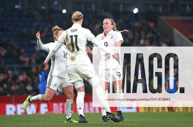 Soccer Women International Team Germany France in SchücoArena Bielefeld Jubilee v Linda Dallmann Germany Goal Scorer Alexandra Popp Germany and Mandy Islacker Germany to Go to 3 0