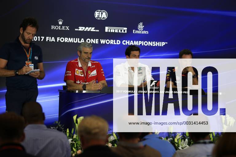 24th November 2017, Yas Marina Circuit, Abu Dhabi, UAE; Abu Dhabi Formula One Grand Prix, Friday Team press conference PK Pressekonferenz Maurizio Arrivabene & x2013; Managing Director and Team Principal of Scuderia Ferrari, Christian Horner - Team Principal of Red Bull Racing and Toto Wolff - Executive Director & Head of Mercedes-Benz Motorsport ActionPlus11955418