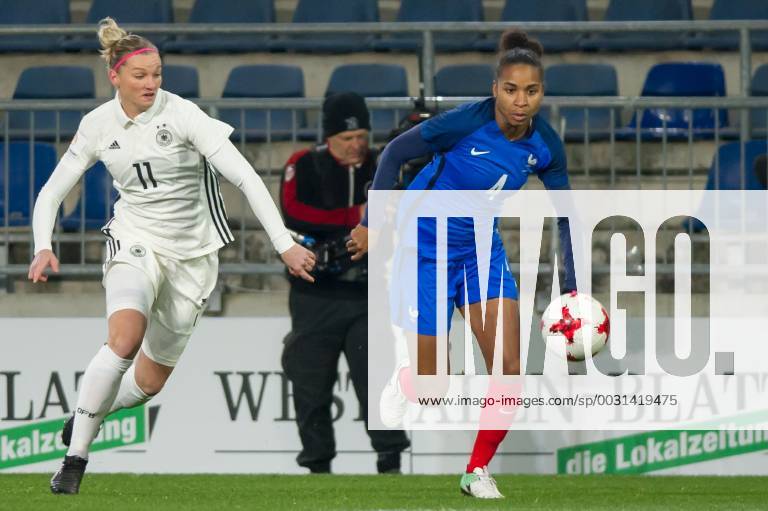 V left Alexandra Popp Germany 11 in duel duel with Laura Georges France 4 Football Women International Germany France