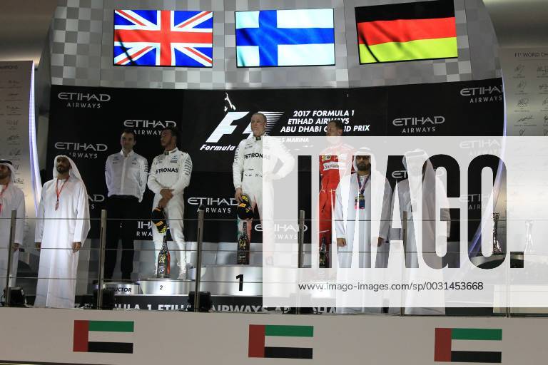 26th November 2017, Yas Marina Circuit, Abu Dhabi, UAE; Abu Dhabi Formula One Grand Prix, Sunday race day; Valtteri Bottas - Mercedes AMG Petronas F1 Team wins the race followed by Lewis Hamilton and Sebastian Vettel - Scuderia Ferrari ActionPlus11956608