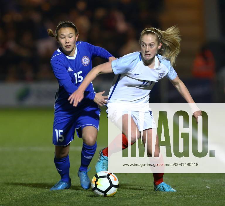 Colchester, England, United Kingdom - England Women s Keira Walsh under pressure from IAsselkhan Turlybekova of Kazakhstan Women s ..during 2019 FIFA Women s World Cup Qualifier match between England Women and Kazakhstan Women at Weston Homes Community Stadium, Colchester, England on 28 Nov 2017. England v Kazakhstan - FIFA Women s World Cup Qualifier - ZUMAn230 20171128_zaa_n230_467