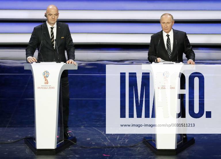 2018 World Cup draw Russian President Vladimir Putin (R) and FIFA President Gianni Infantino on stage at the concert hall of the State Kremlin Palace in Moscow on Dec. 1, 2017, during the draw for the 2018 soccer World Cup finals in Russia.