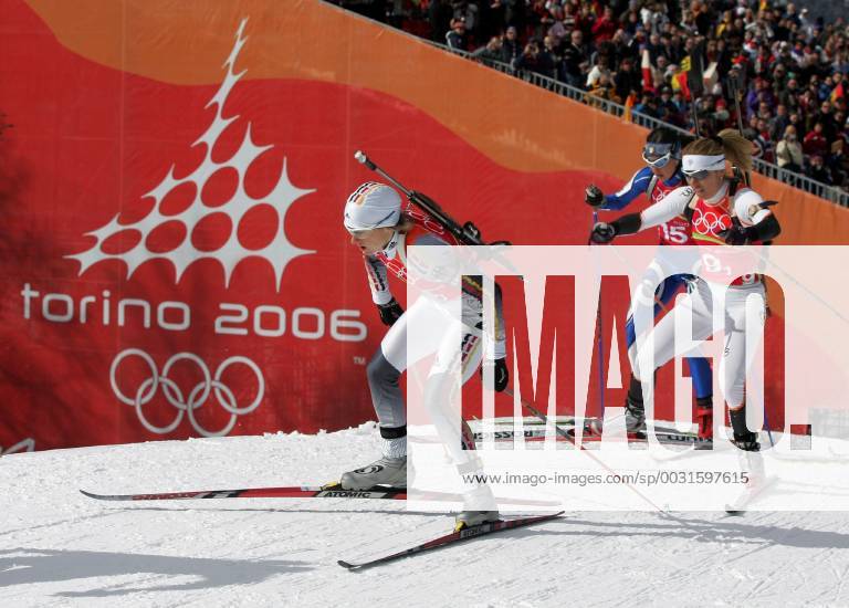 Biathlon women s relay silver medal Olympic Games 2006 was taken in San Sicario on 23 02 2006 Martina Glagow action before Olympic logo San Sicario Italy