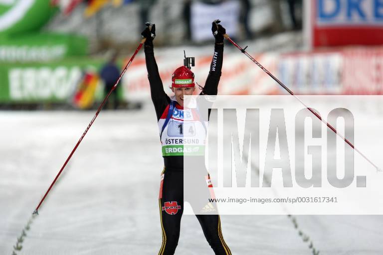 Kati Wilhelm action cheering at the finish recorded at the Biathlon World Cup in Östersund on 6 12 2009 Östersund Sweden