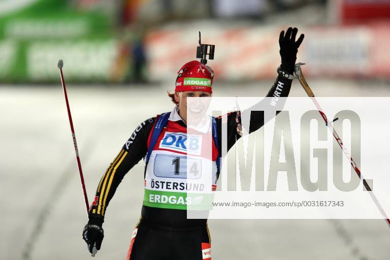 Kati Wilhelm action cheering at the finish recorded at the Biathlon World Cup in Östersund on 6 12 2009 Östersund Sweden