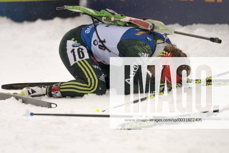 Laura Dahlmeier exhausted on the ground Biathlon World Cup 10 KM Womens pursuit in Hochfilzen Austria on 09.12.2017