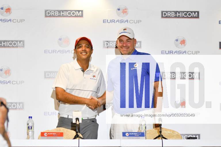 (180109) -- KUALA LUMPUR, Jan.9, 2018 -- Arjun Atwal (L), captain of Team Asia, shakes hands with Thomas Bjorn, captain of Team Europe at a press conference PK Pressekonferenz of the EurAsia Cup at the Glenmarie Golf and Country Club in Kuala Lumpur, Malaysia, Jan. 9, 2018. This year s EurAsia Cup will take place at the Glenmarie Golf and Country Club from Jan. 12 to Jan. 14, 2018. ) (SP)MALAYSIA-KUALA LUMPUR-GOLF-EURASIA CUP-PRESS CONFERENCE ChongxVoonxChung