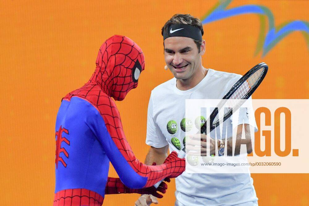 - SPORT January 13, 2018: Roger Federer and Spiderman entertain the crowd at the Kids Day event prior to the 2018 Australian Open Grand Slam tennis tournament in Melbourne, Australia. Cal Media Tennis 2018: Australian Open Kids Day Event - ZUMAc04_ 20180113_zaf_c04_013