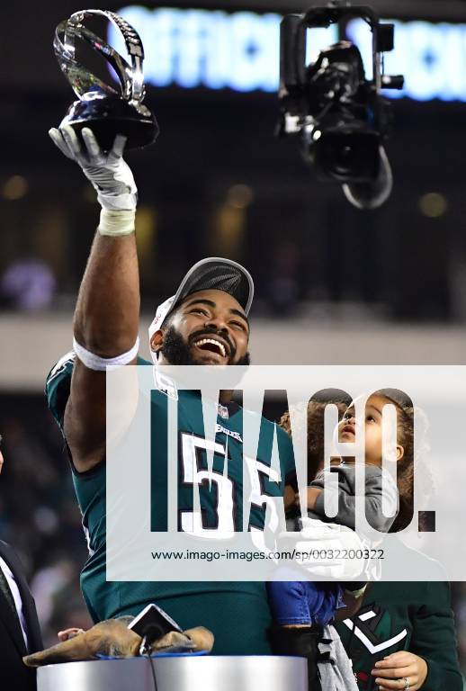 - SPORT Philadelphia Eagles defensive end Brandon Graham (55) celebrates with the George Halas NFC Championship Trophy after the Eagles defeated the Minnesota Vikings 38-7 to win the NFC Championship at Lincoln Financial Field in Philadelphia on January 21, 2018. The Eagles will face the New England Patriots in Super Bowl LII. PHI20180121311 KEVINxDIETSCH