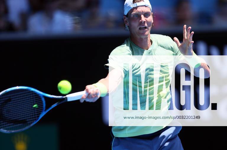 (180122) -- MELBOURNE, Jan. 22, 2018 -- Tomas Berdych of the Czech Republic returns a shot during the men s singles fourth round match against Fabio Fognini of Italy at Australian Open 2018 in Melbourne, Australia, Jan. 22, 2018. Tomas Berdych won 3-0. ) (SP)AUSTRALIA-MELBOURNE-TENNIS-AUSTRALIAN OPEN-DAY 8 LixPeng