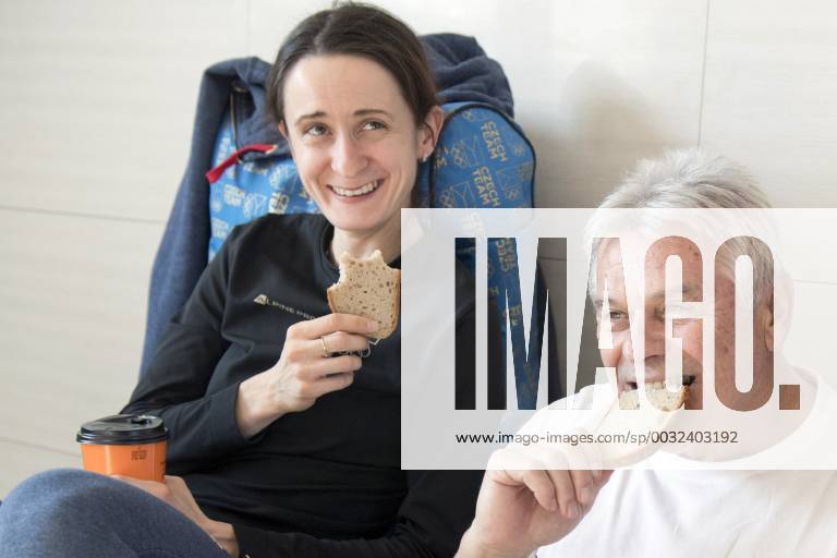 Czech speed skaters Martina Sablikova (L) and his coach Petr Novak eat bread named Karel during the visit of journalists in the Olympic Village, Gangneung, South Korea, on Tuesday, February 6, 2018, prior to the 2018 Winter Olympics in Pyeongchang. (CTKxPhoto RobertxTesar) CTKPhotoP201802060742201 kmt 3 K