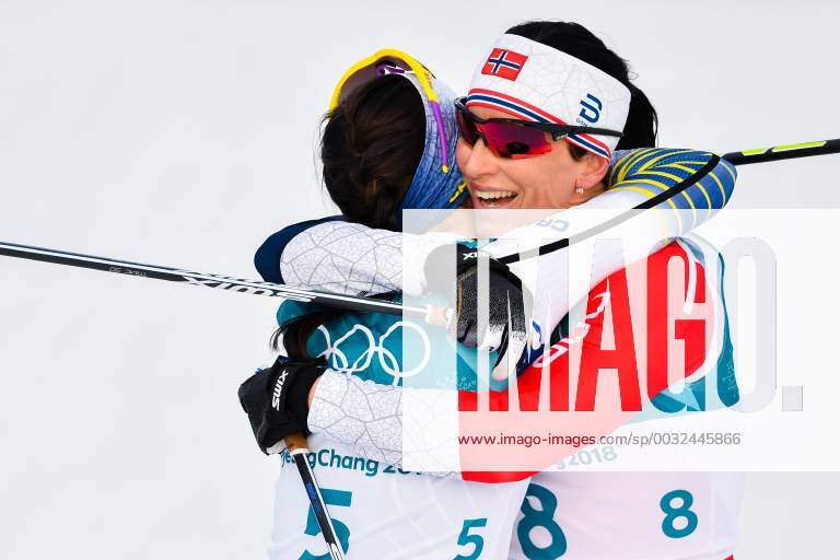 Marit Bjoergen of Norway and Charlotte Kalla of Sweden celebrates after the Women s 4 X 5 km relay during day one of the 2018 Winter Olympics on February 10 2018 in Pyeongchang Photo Petter Arvidson BILDBYR N code PA 87613